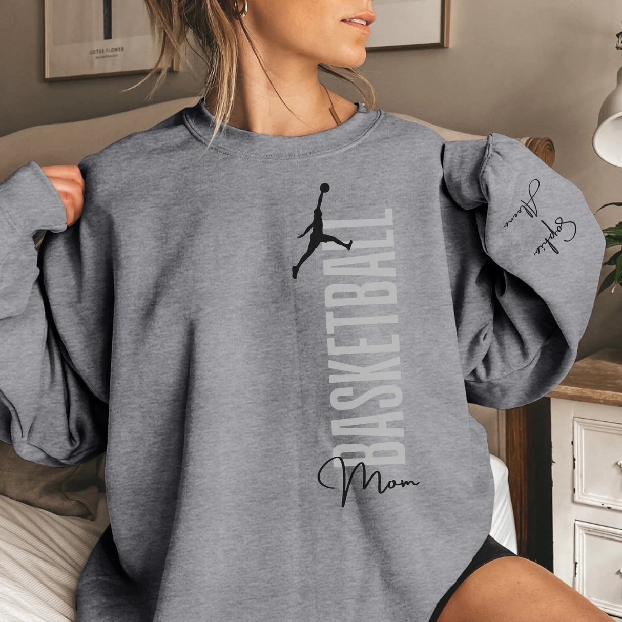 Personalized Basketball Mom on a Sweatshirt With Mascot, Icon, and Basketball Player Name on Sleeve on a Sweatshirt