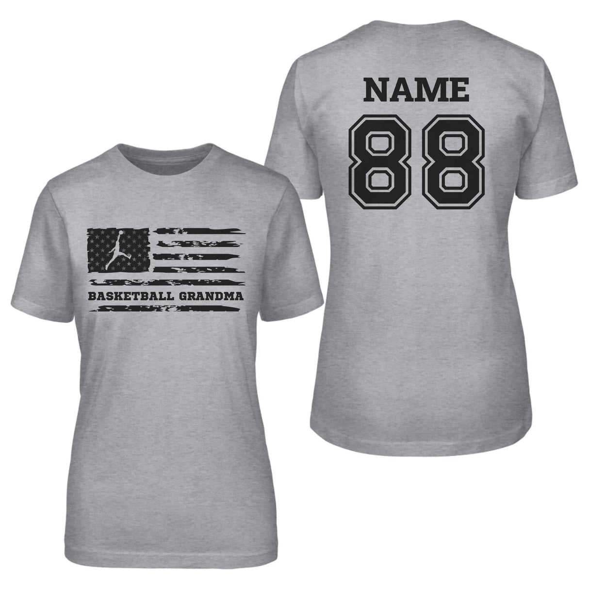 Basketball Grandma Horizontal Flag With Basketball Player Name on a Unisex T-Shirt with a Black Graphic