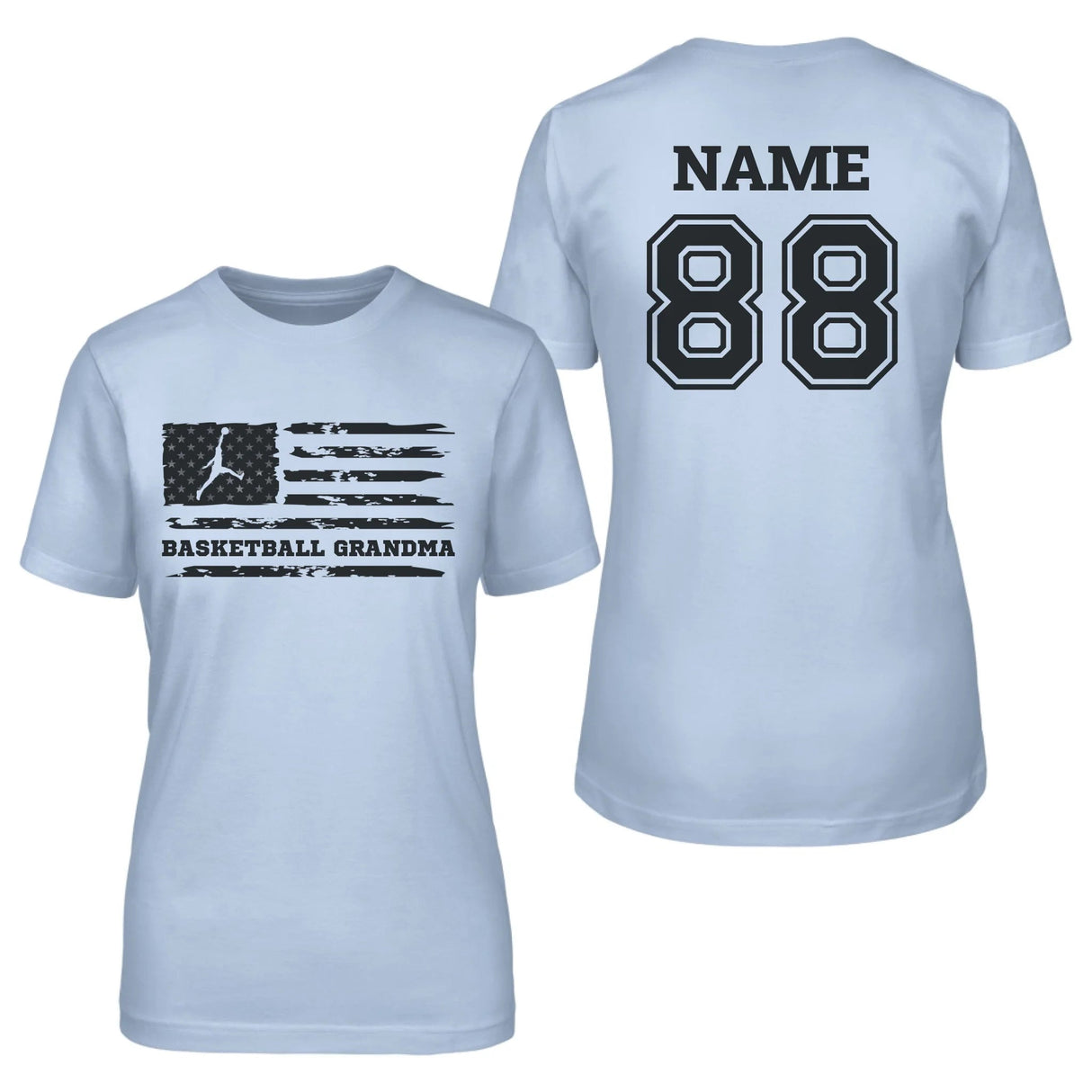Basketball Grandma Horizontal Flag With Basketball Player Name on a Unisex T-Shirt with a Black Graphic
