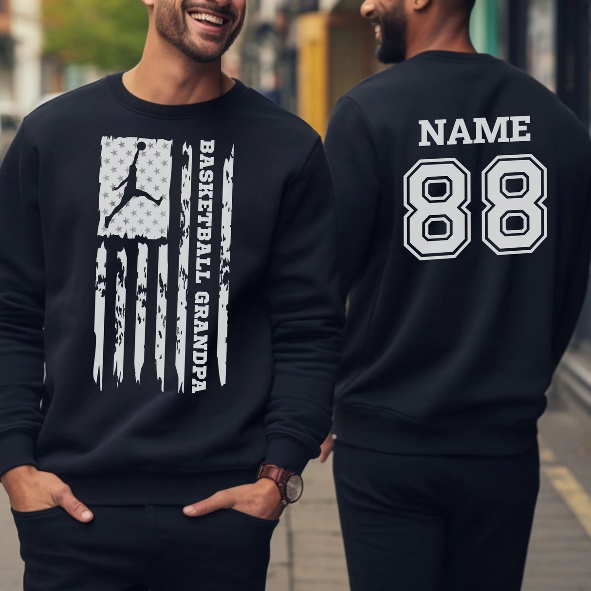 Basketball Grandpa Vertical Flag With Basketball Player Name on a Sweatshirt with a White Graphic