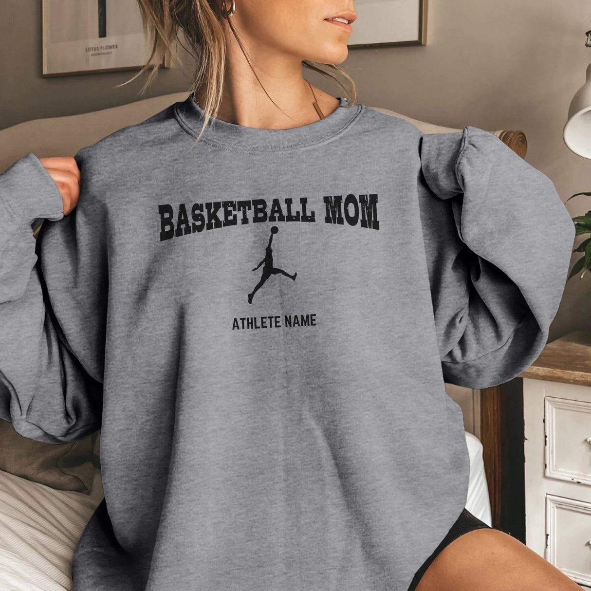 Basketball Mom with Basketball Player Icon and Basketball Player Name on a Sweatshirt with a Black Graphic