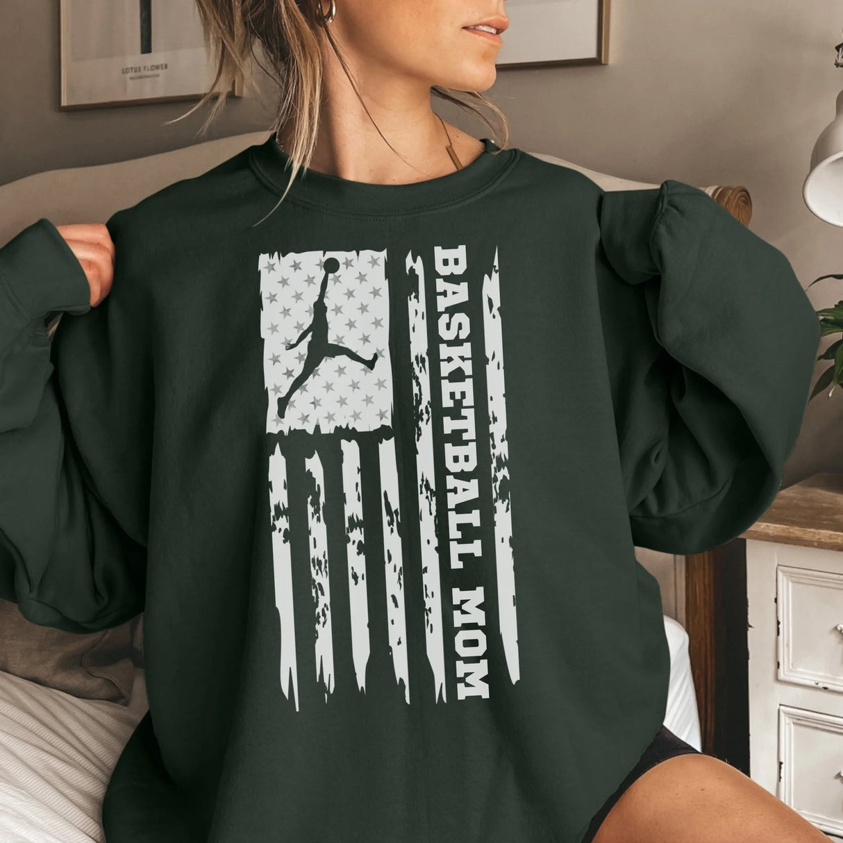 Basketball Mom Vertical Flag on a Sweatshirt with a White Graphic