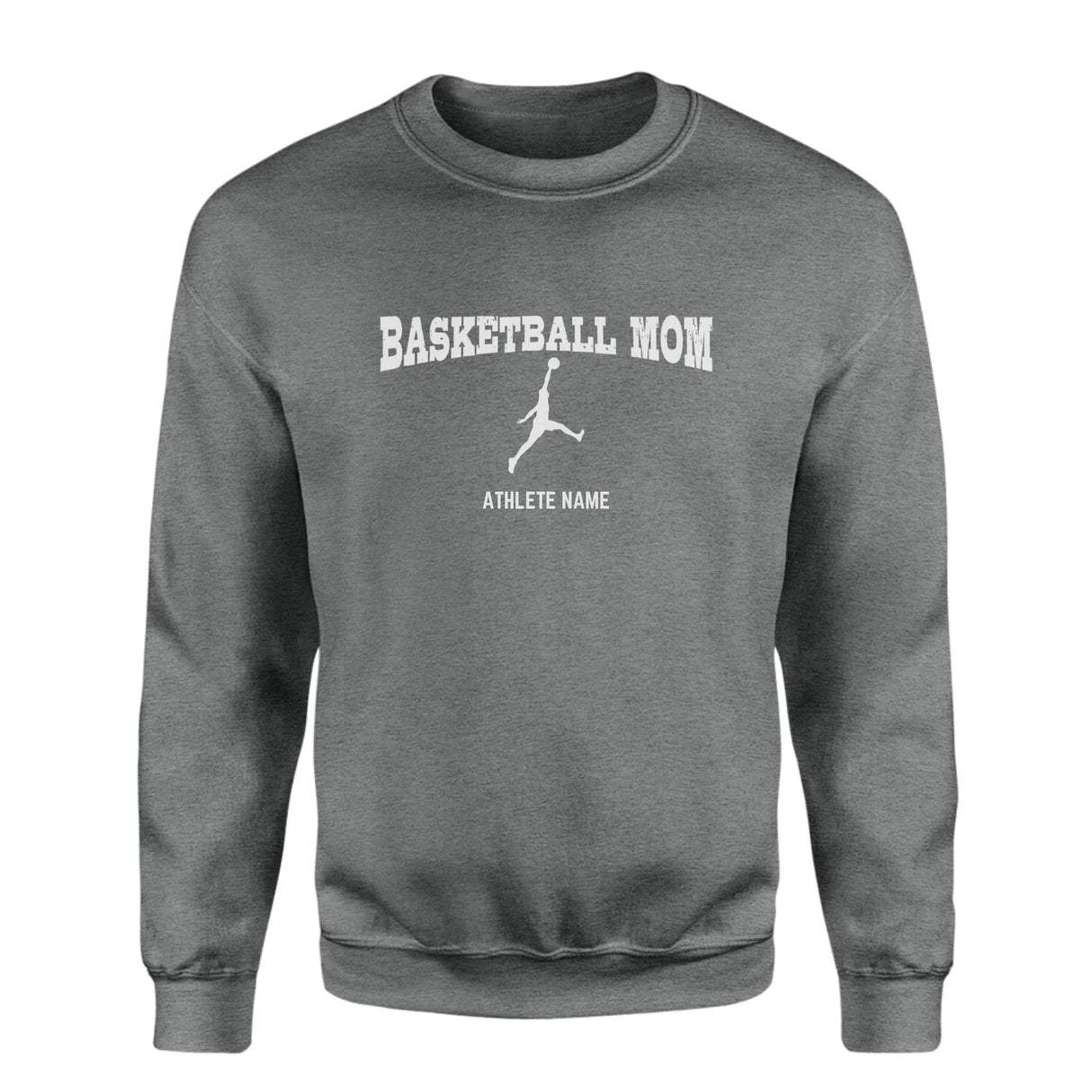 Basketball Mom with Basketball Player Icon and Basketball Player Name on a Sweatshirt with a White Graphic