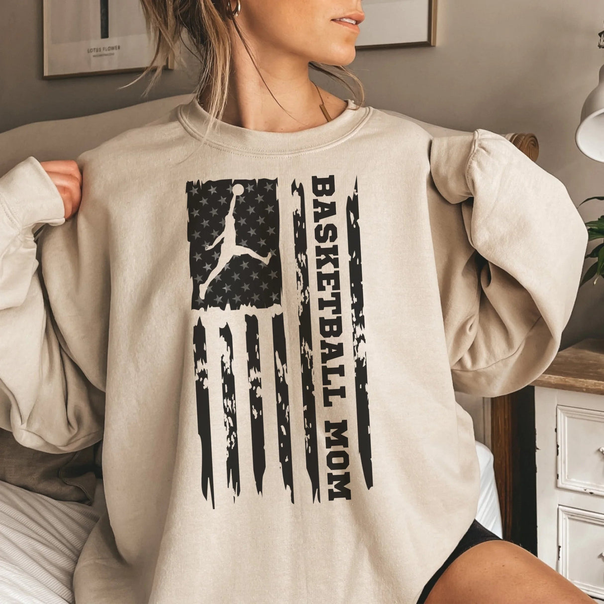 Basketball Mom Vertical Flag on a Sweatshirt with a Black Graphic