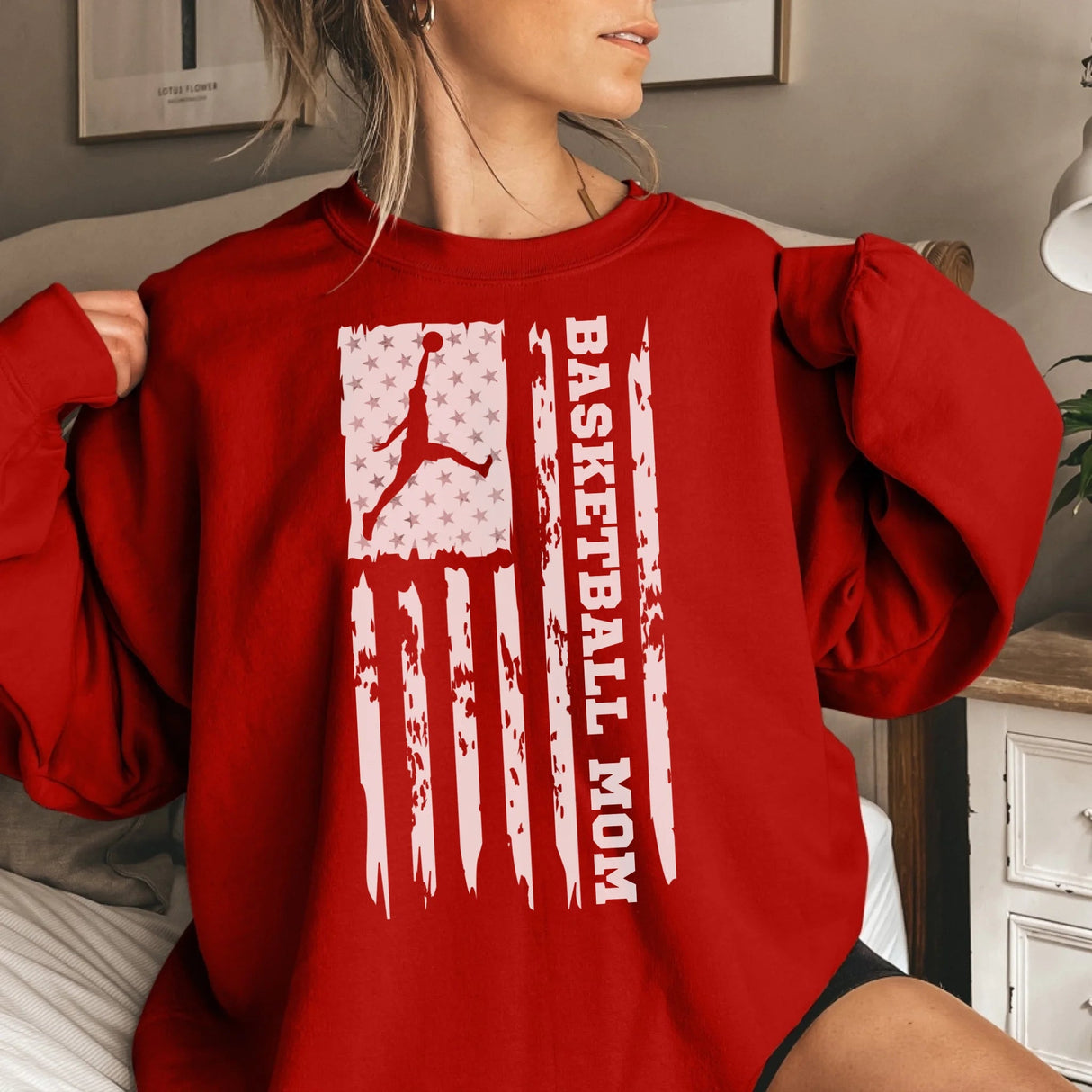 Basketball Mom Vertical Flag on a Sweatshirt with a White Graphic