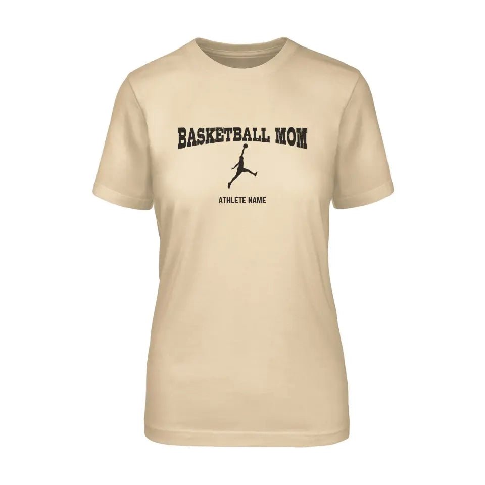 Basketball Mom with Basketball Player Icon and Basketball Player Name on a Unisex T-Shirt with a Black Graphic