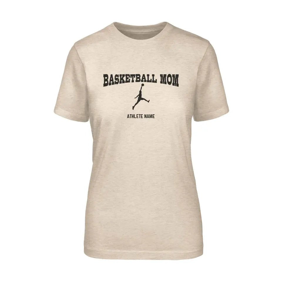 Basketball Mom with Basketball Player Icon and Basketball Player Name on a Unisex T-Shirt with a Black Graphic