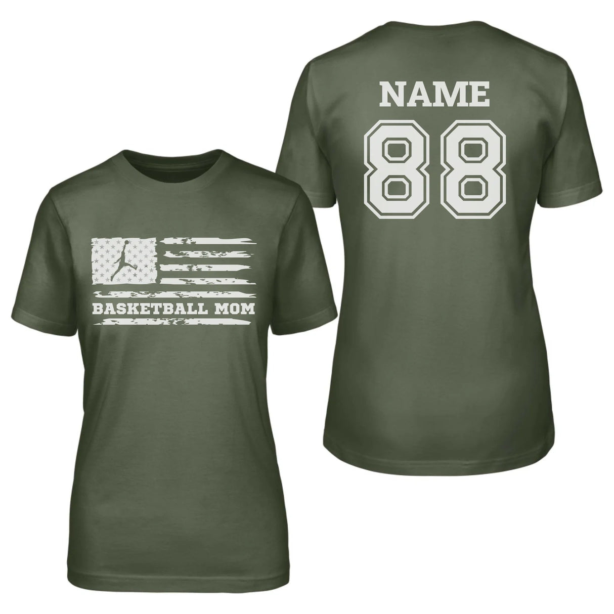 Basketball Mom Horizontal Flag With Basketball Player Name on a Unisex T-Shirt with a White Graphic