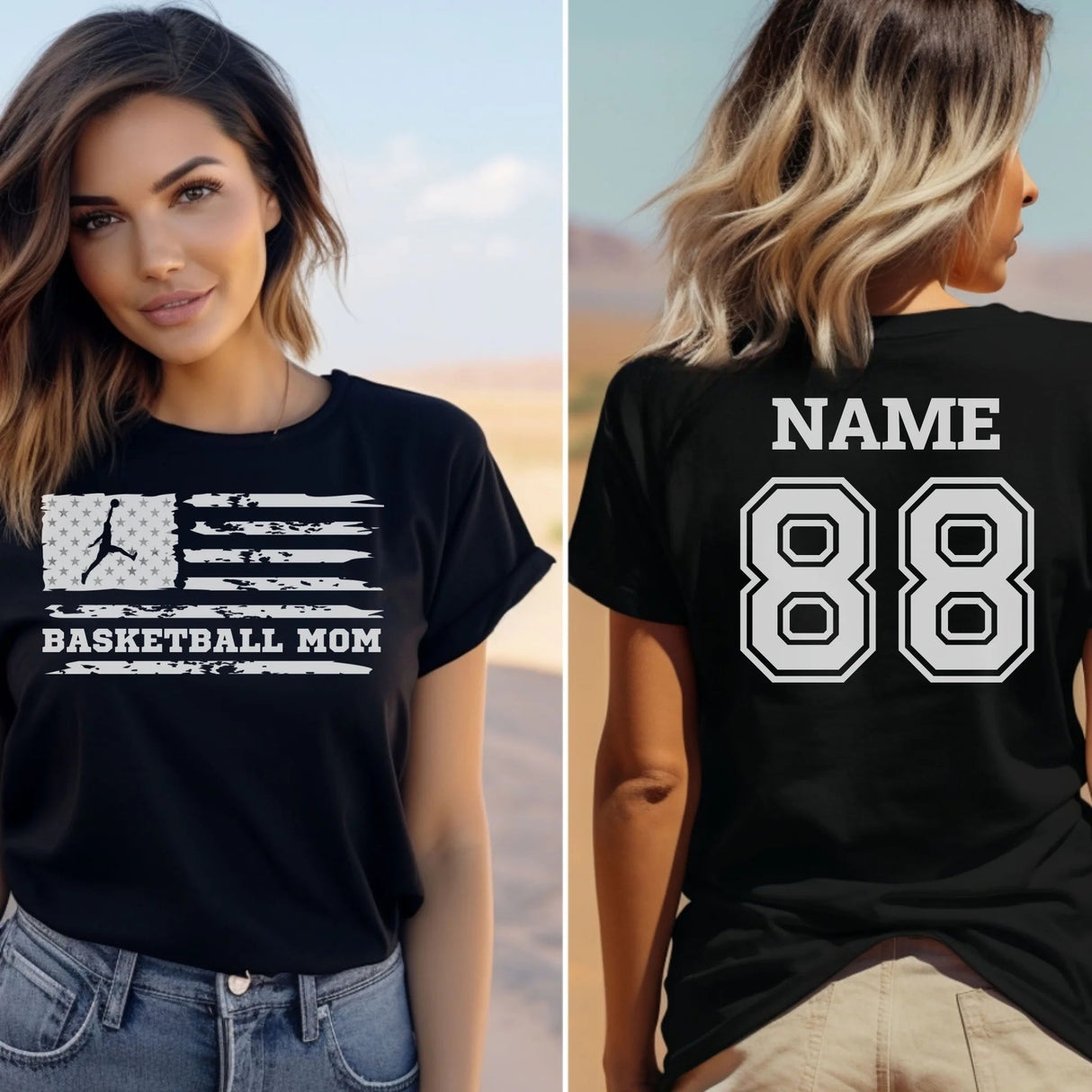 Basketball Mom Horizontal Flag With Basketball Player Name on a Unisex T-Shirt with a White Graphic