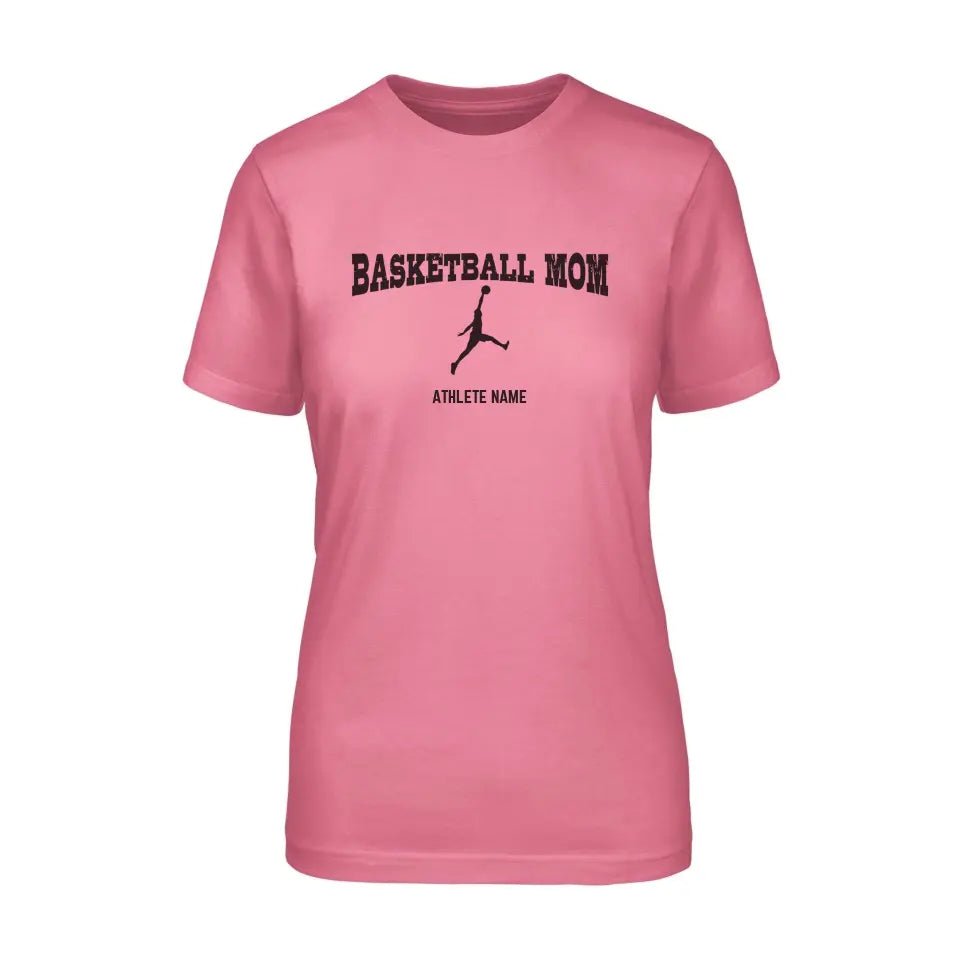 Basketball Mom with Basketball Player Icon and Basketball Player Name on a Unisex T-Shirt with a Black Graphic
