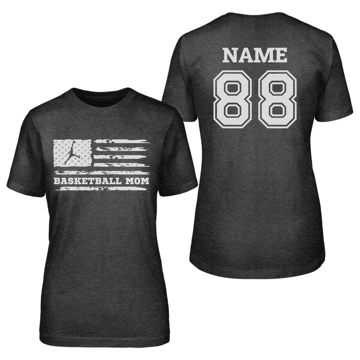 Basketball Mom Horizontal Flag With Basketball Player Name on a Unisex T-Shirt with a White Graphic
