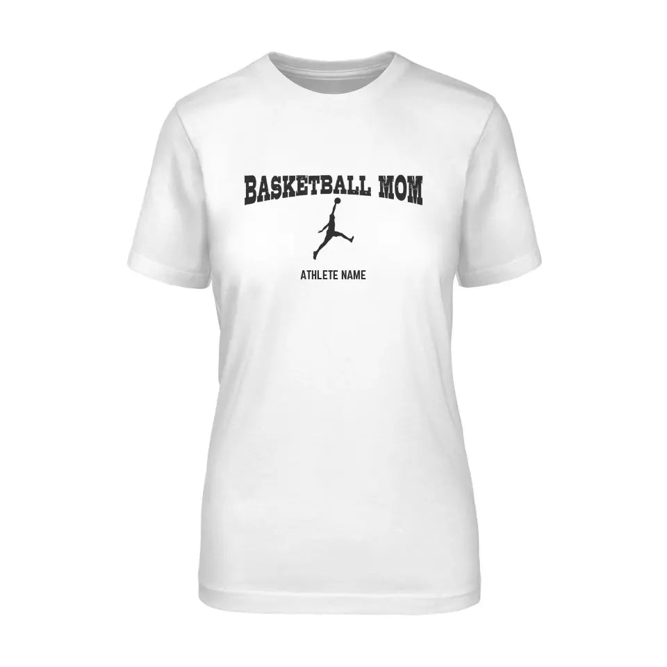 Basketball Mom with Basketball Player Icon and Basketball Player Name on a Unisex T-Shirt with a Black Graphic