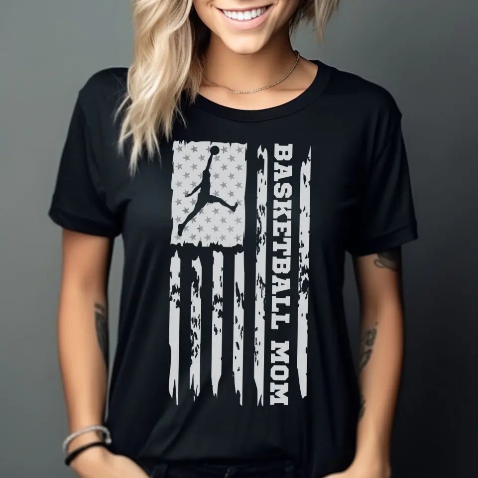 Basketball Mom Vertical Flag on a Unisex T-Shirt with a White Graphic