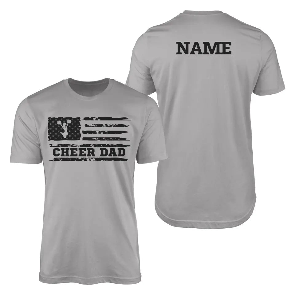 Cheer Dad Horizontal Flag With Cheerleader Name on a Men's T-Shirt with a Black Graphic