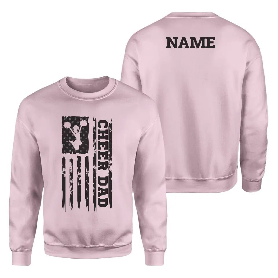 Cheer Dad Vertical Flag With Cheerleader Name on a Sweatshirt with a Black Graphic