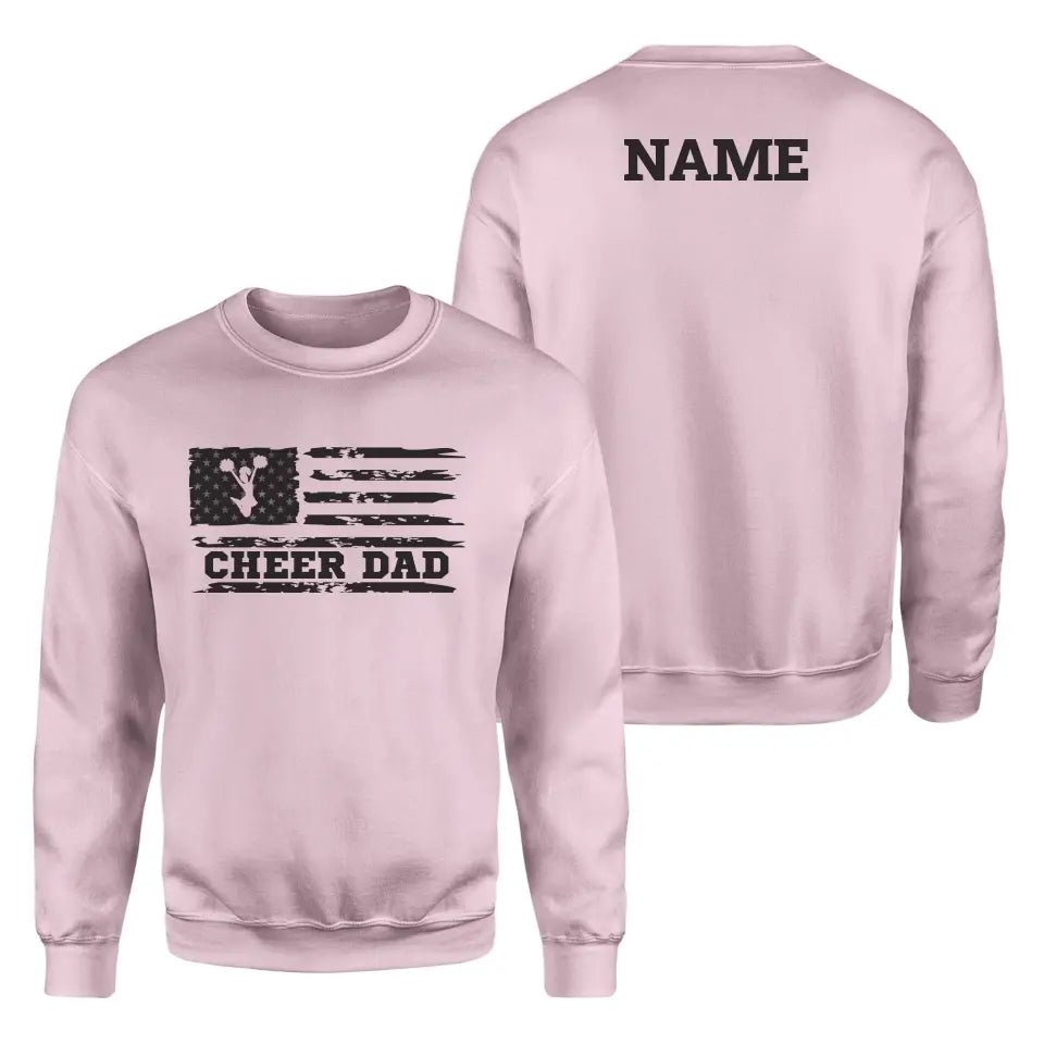 Cheer Dad Horizontal Flag With Cheerleader Name on a Sweatshirt with a Black Graphic