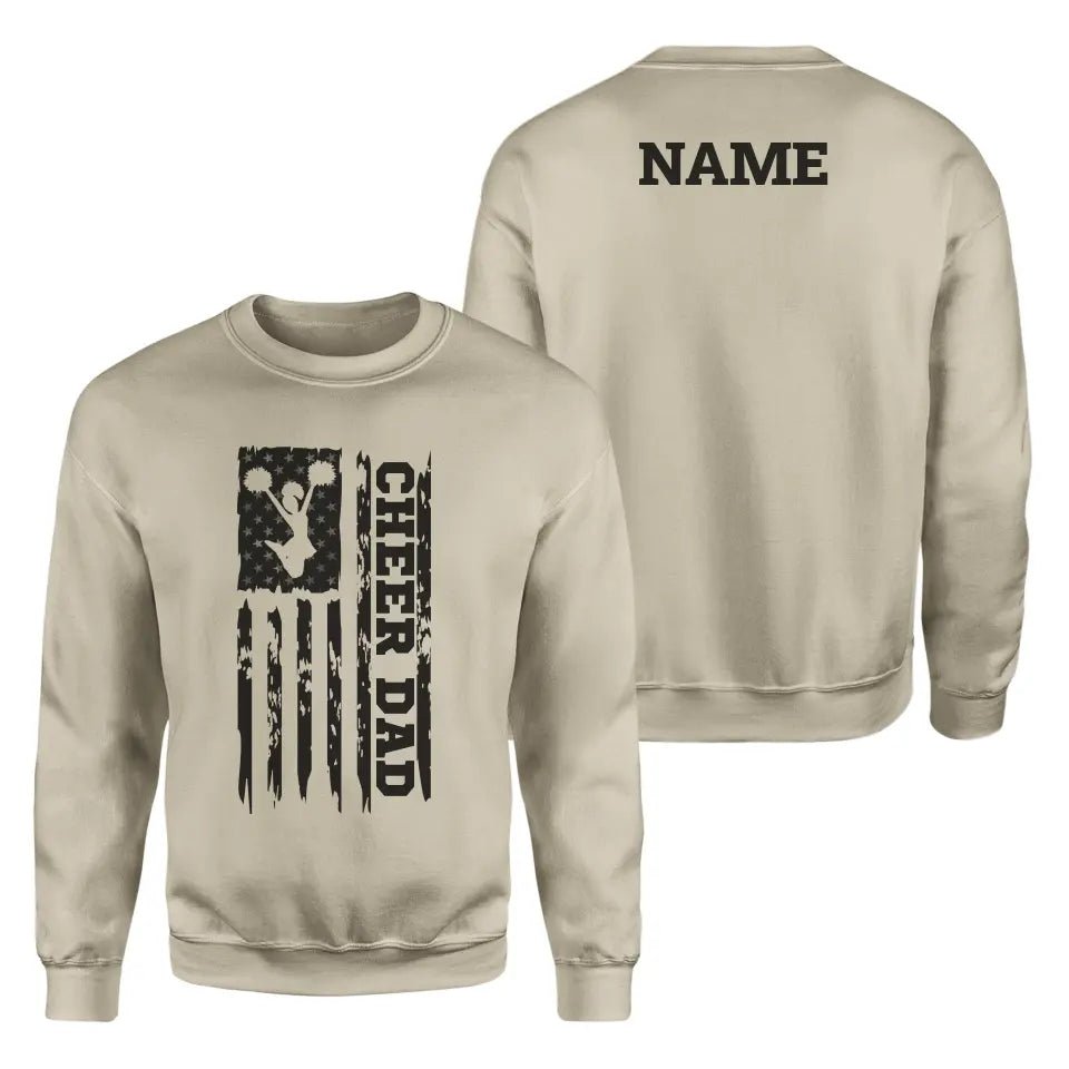 Cheer Dad Vertical Flag With Cheerleader Name on a Sweatshirt with a Black Graphic