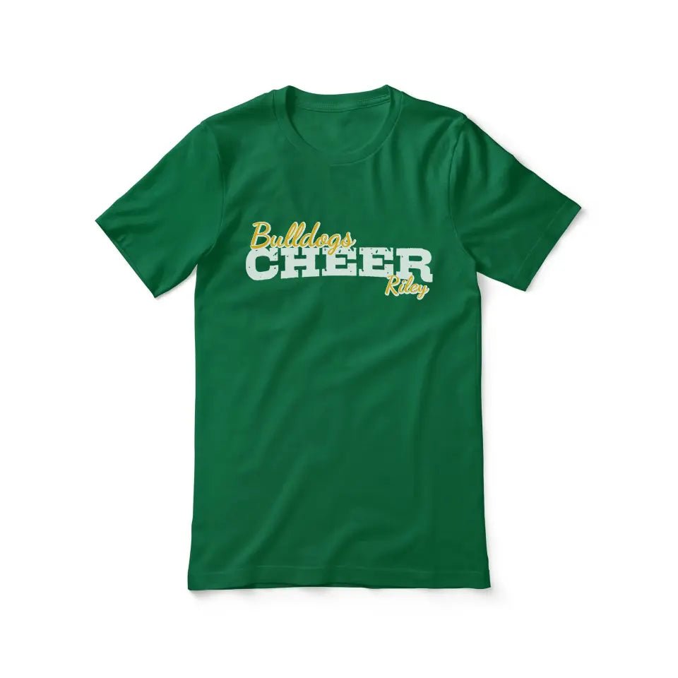 Custom Cheer Mascot and Cheerleader Name on a Unisex T-Shirt with a White Graphic