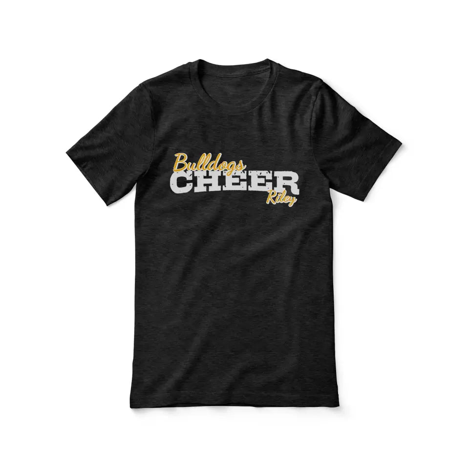Custom Cheer Mascot and Cheerleader Name on a Unisex T-Shirt with a White Graphic