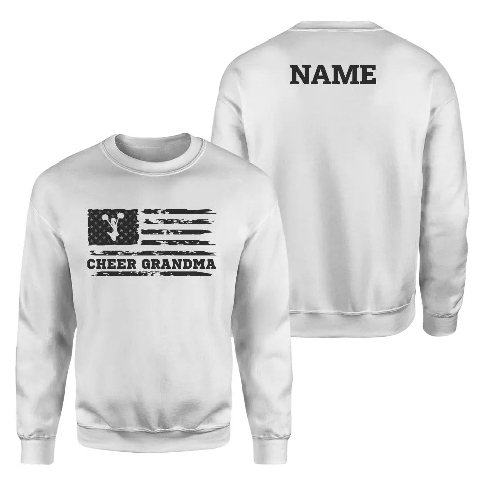 Cheer Grandma Horizontal Flag With Cheerleader Name on a Sweatshirt with a Black Graphic