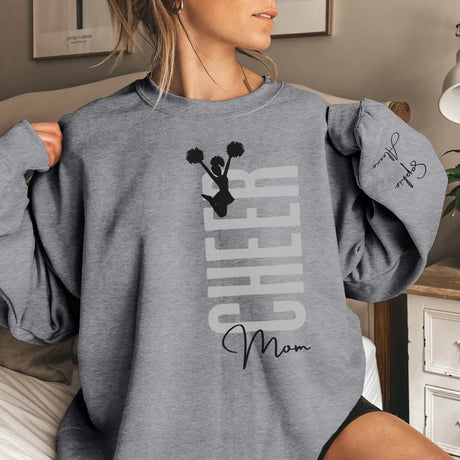 Personalized Cheer Mom on a Sweatshirt With Mascot, Icon, and Cheerleader Name on Sleeve on a Sweatshirt