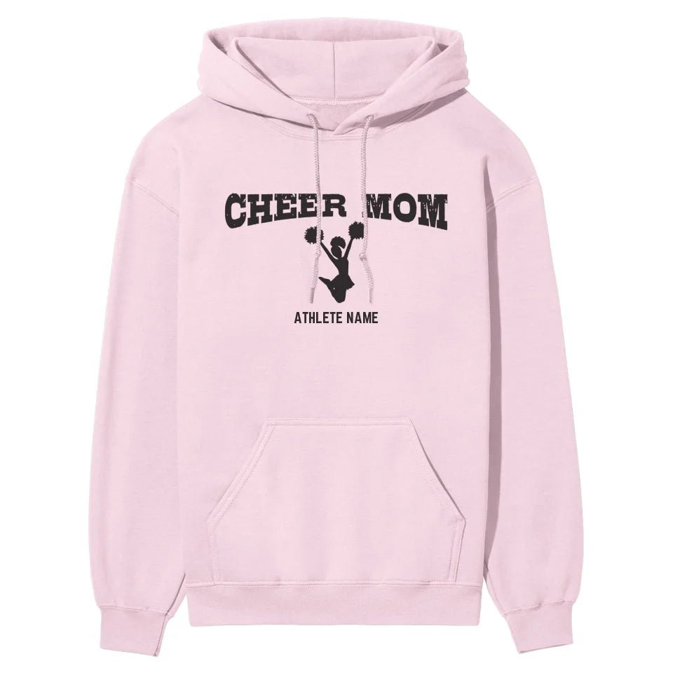 Cheer Mom with Cheerleader Icon and Cheerleader Name on a Hoodie with a Black Graphic