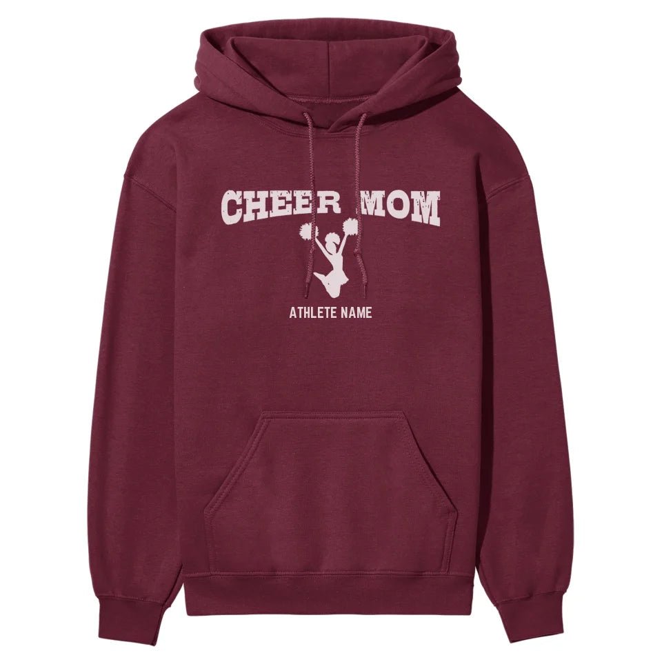 Cheer Mom with Cheerleader Icon and Cheerleader Name on a Hoodie with a White Graphic