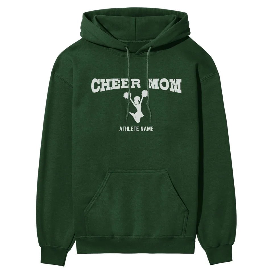Cheer Mom with Cheerleader Icon and Cheerleader Name on a Hoodie with a White Graphic