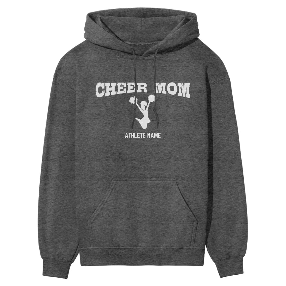Cheer Mom with Cheerleader Icon and Cheerleader Name on a Hoodie with a White Graphic