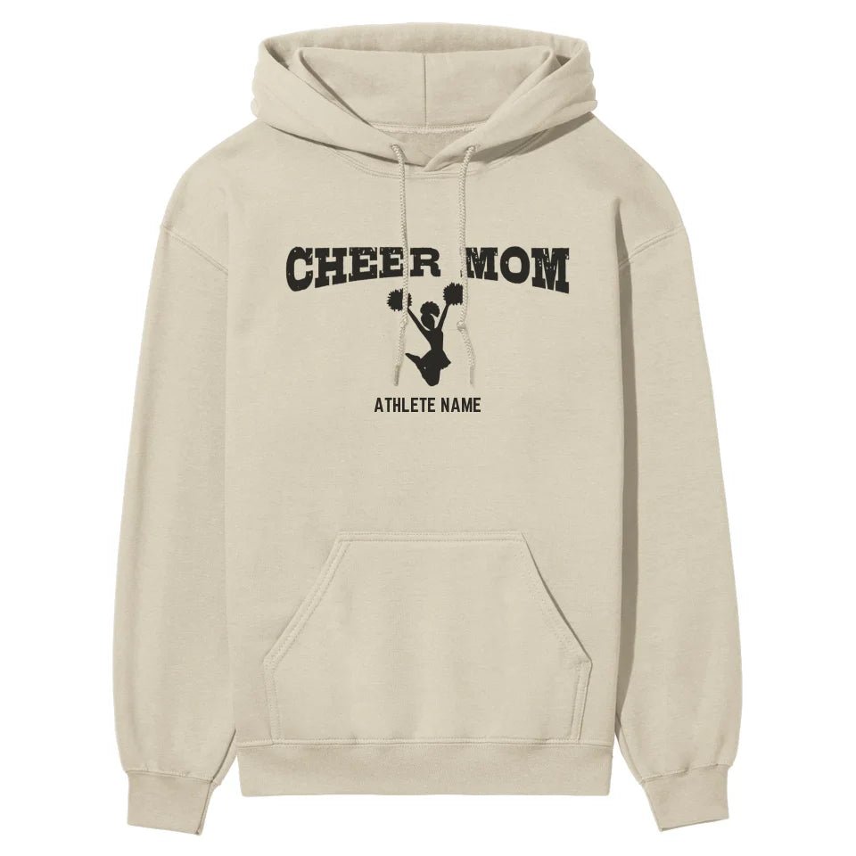 Cheer Mom with Cheerleader Icon and Cheerleader Name on a Hoodie with a Black Graphic