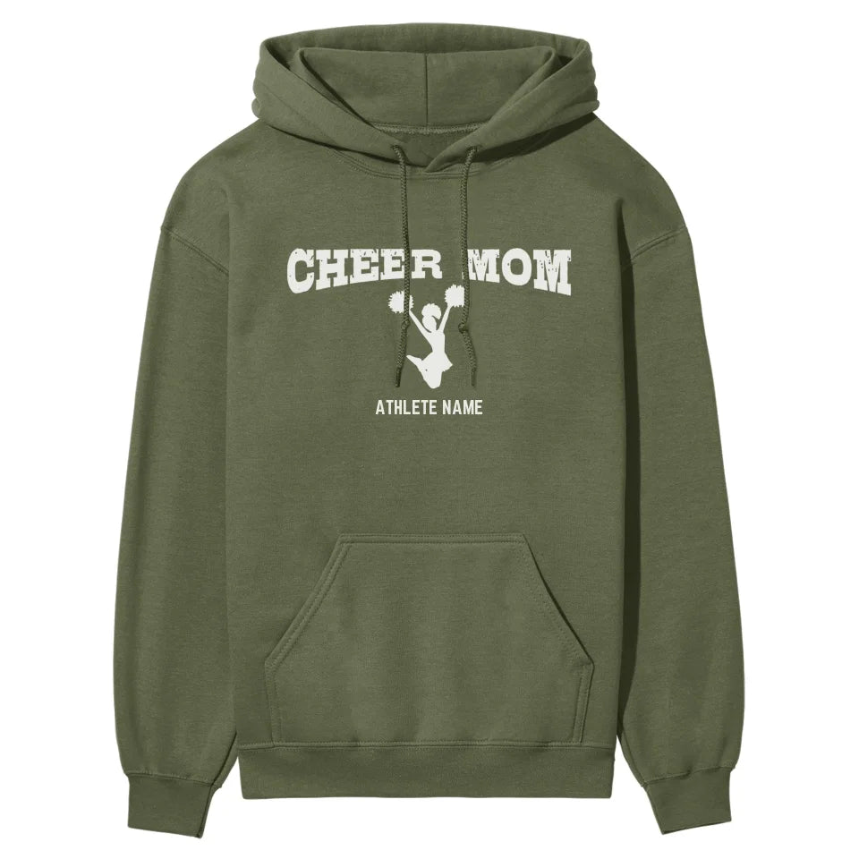 Cheer Mom with Cheerleader Icon and Cheerleader Name on a Hoodie with a White Graphic