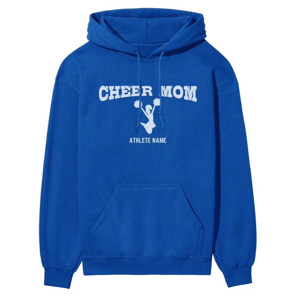 Cheer Mom with Cheerleader Icon and Cheerleader Name on a Hoodie with a White Graphic