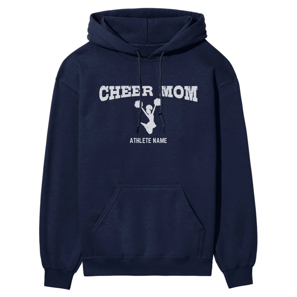 Cheer Mom with Cheerleader Icon and Cheerleader Name on a Hoodie with a White Graphic