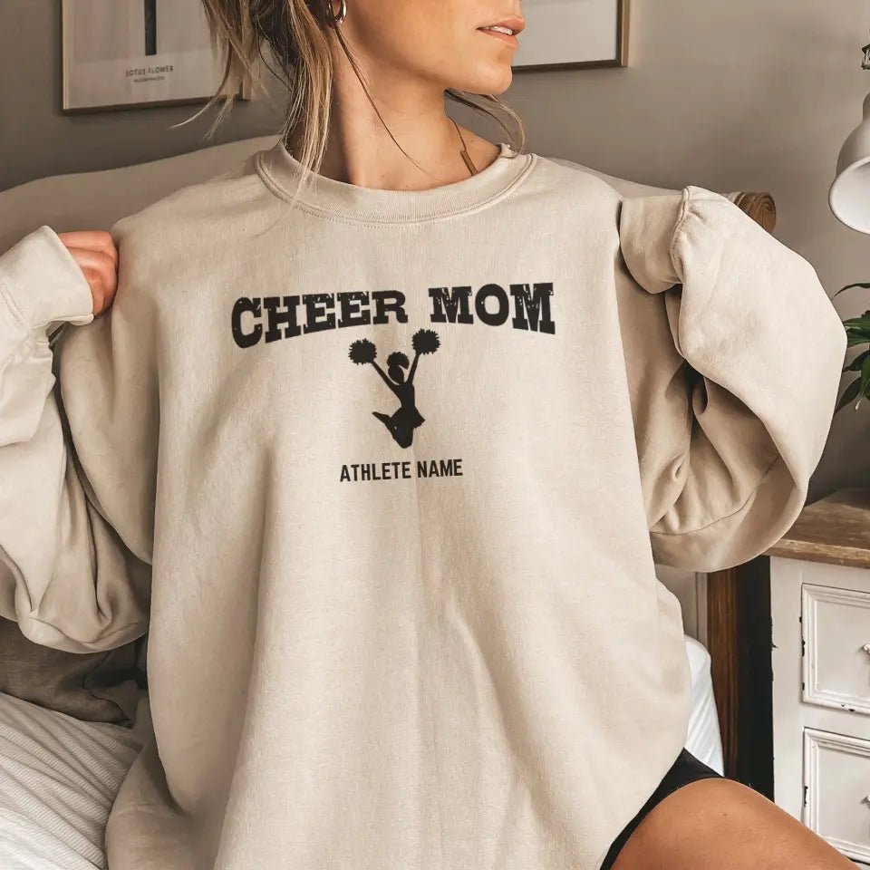 Cheer Mom with Cheerleader Icon and Cheerleader Name on a Sweatshirt with a Black Graphic