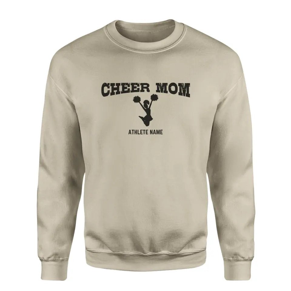 Cheer Mom with Cheerleader Icon and Cheerleader Name on a Sweatshirt with a Black Graphic