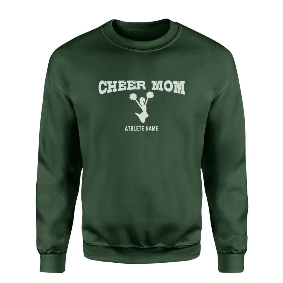 Cheer Mom with Cheerleader Icon and Cheerleader Name on a Sweatshirt with a White Graphic
