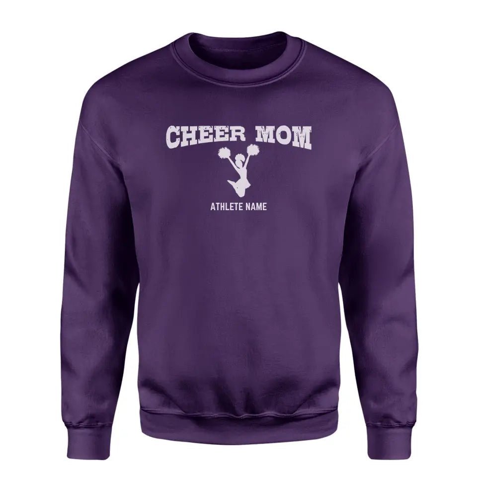 Cheer Mom with Cheerleader Icon and Cheerleader Name on a Sweatshirt with a White Graphic