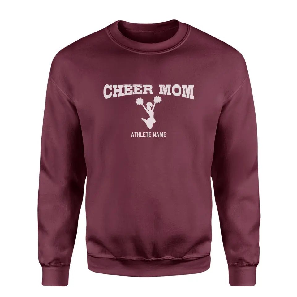 Cheer Mom with Cheerleader Icon and Cheerleader Name on a Sweatshirt with a White Graphic