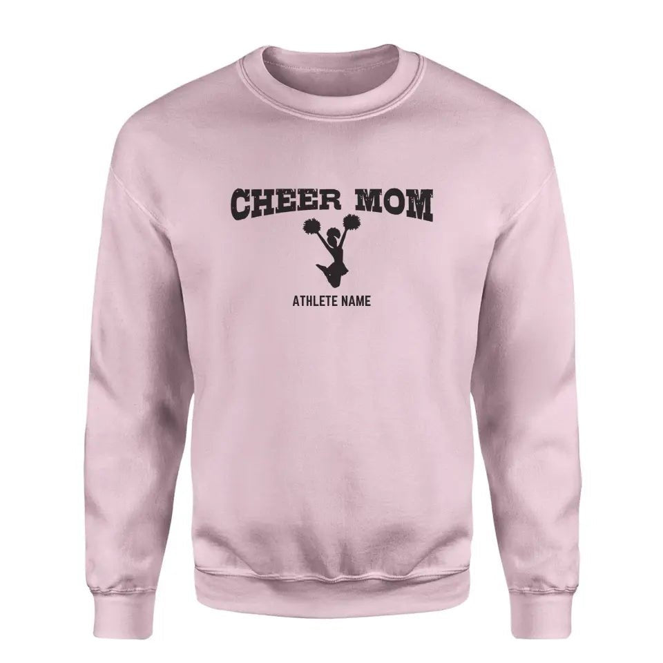Cheer Mom with Cheerleader Icon and Cheerleader Name on a Sweatshirt with a Black Graphic