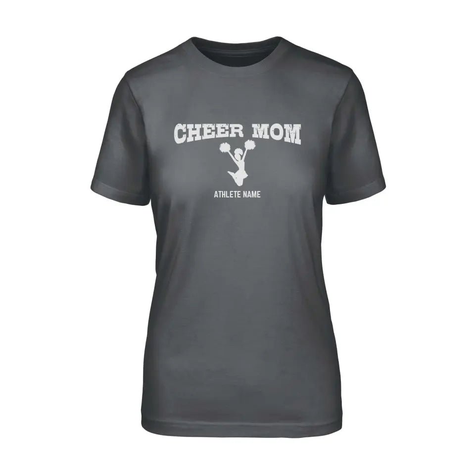 Cheer Mom with Cheerleader Icon and Cheerleader Name on a Unisex T-Shirt with a White Graphic