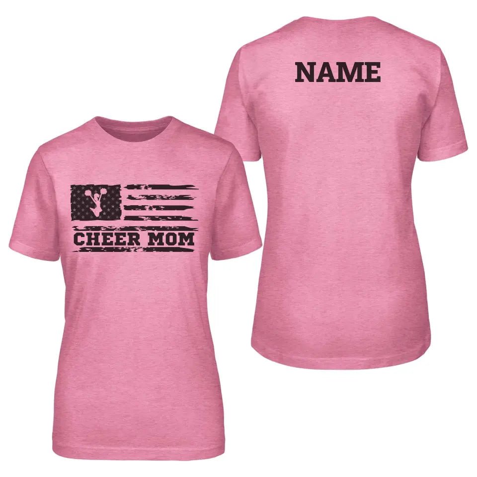 Cheer Mom Horizontal Flag With Cheerleader Name on a Unisex T-Shirt with a Black Graphic