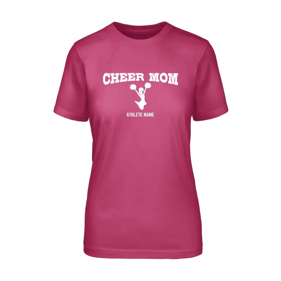 Cheer Mom with Cheerleader Icon and Cheerleader Name on a Unisex T-Shirt with a White Graphic