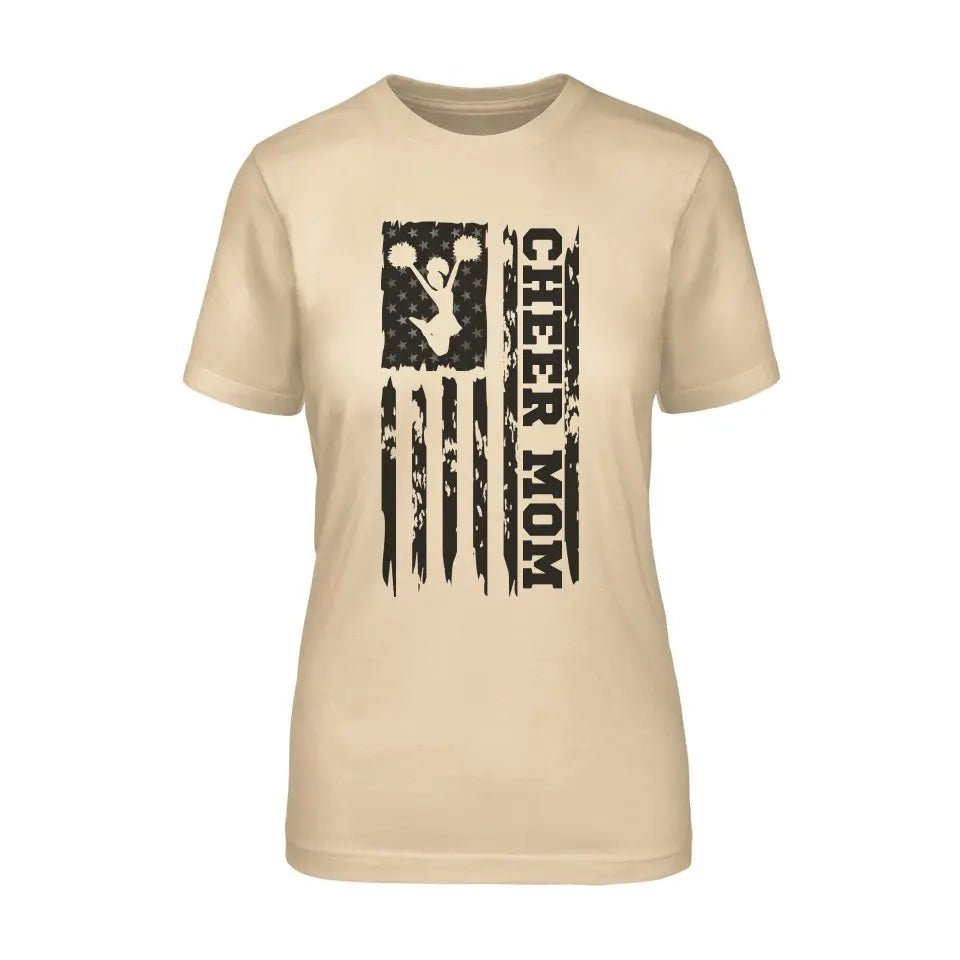 Cheer Mom Vertical Flag on a Unisex T-Shirt with a Black Graphic