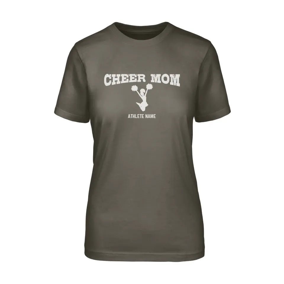 Cheer Mom with Cheerleader Icon and Cheerleader Name on a Unisex T-Shirt with a White Graphic