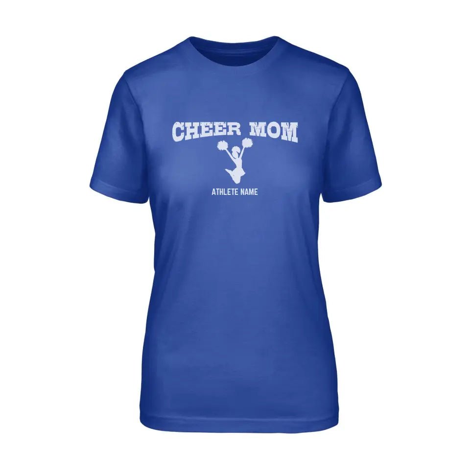 Cheer Mom with Cheerleader Icon and Cheerleader Name on a Unisex T-Shirt with a White Graphic
