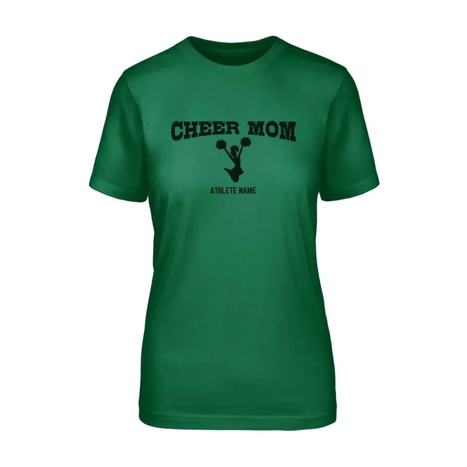Cheer Mom with Cheerleader Icon and Cheerleader Name on a Unisex T-Shirt with a Black Graphic