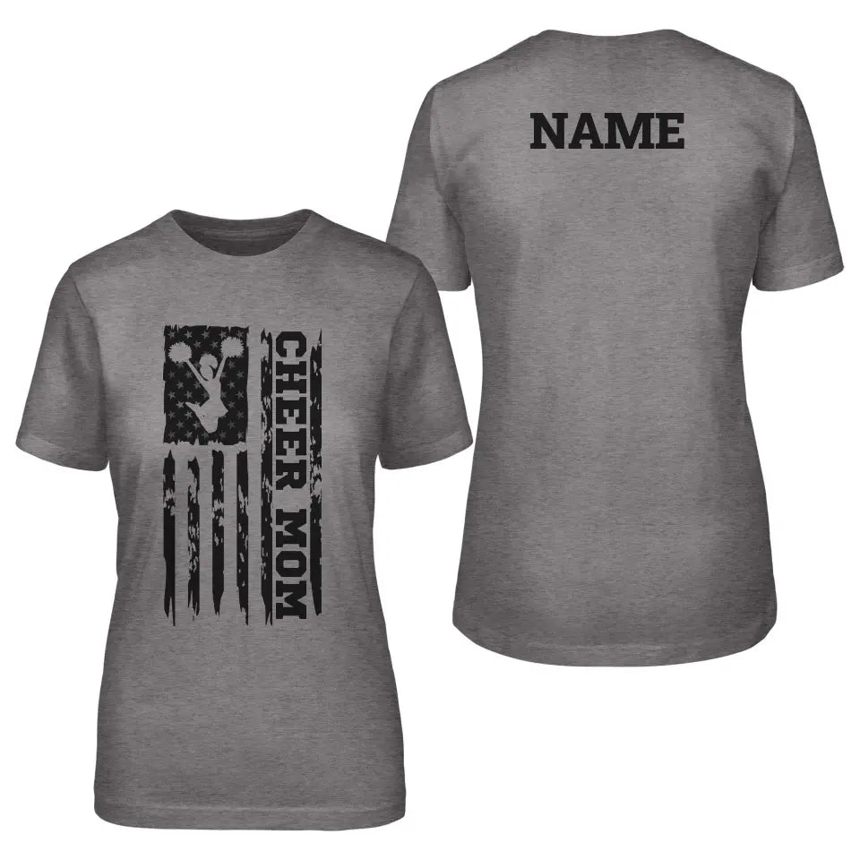 Cheer Mom Vertical Flag With Cheerleader Name on a Unisex T-Shirt with a Black Graphic