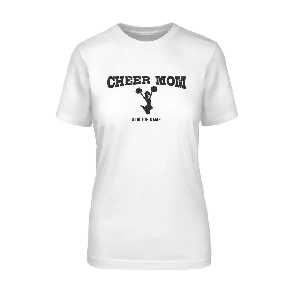 Cheer Mom with Cheerleader Icon and Cheerleader Name on a Unisex T-Shirt with a Black Graphic