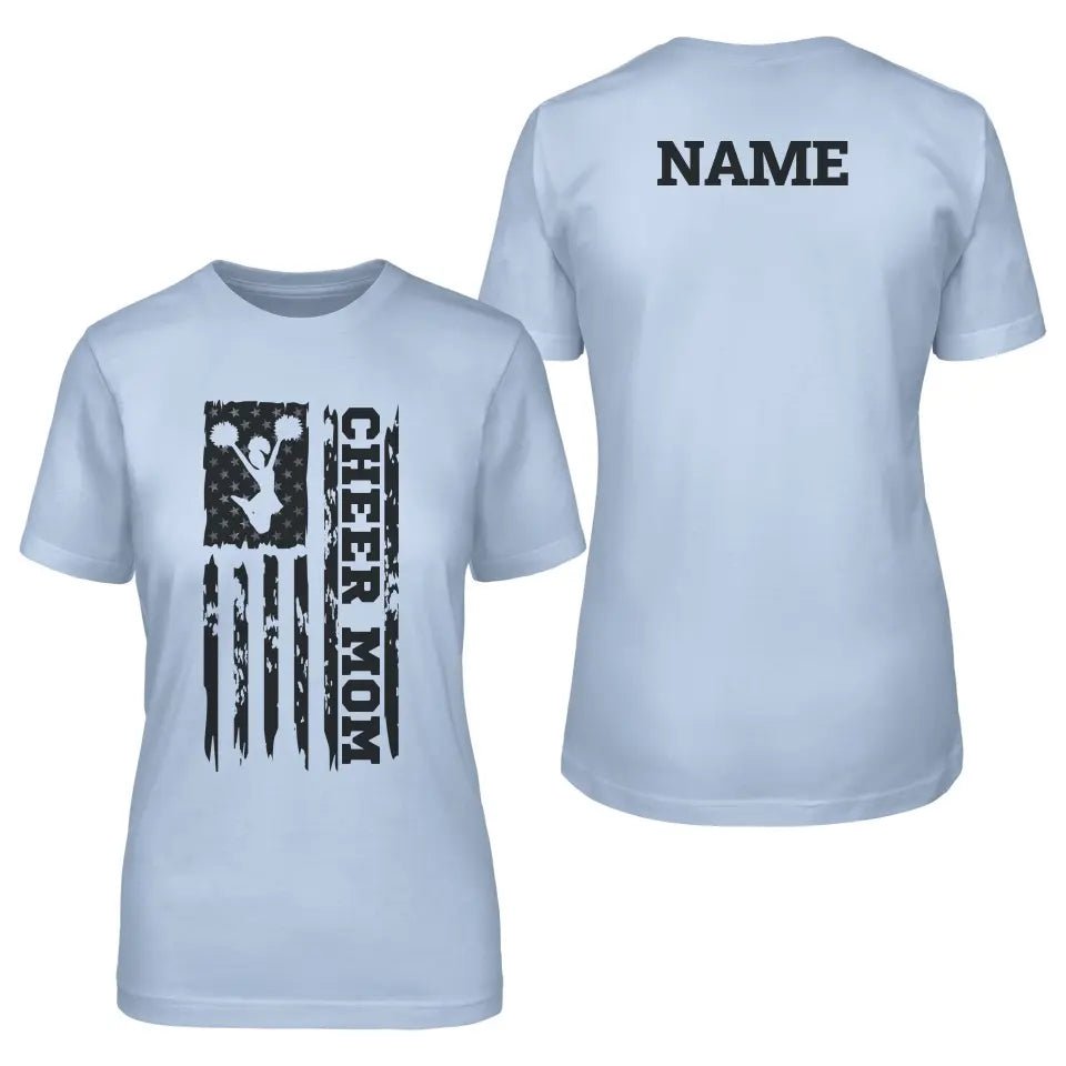 Cheer Mom Vertical Flag With Cheerleader Name on a Unisex T-Shirt with a Black Graphic