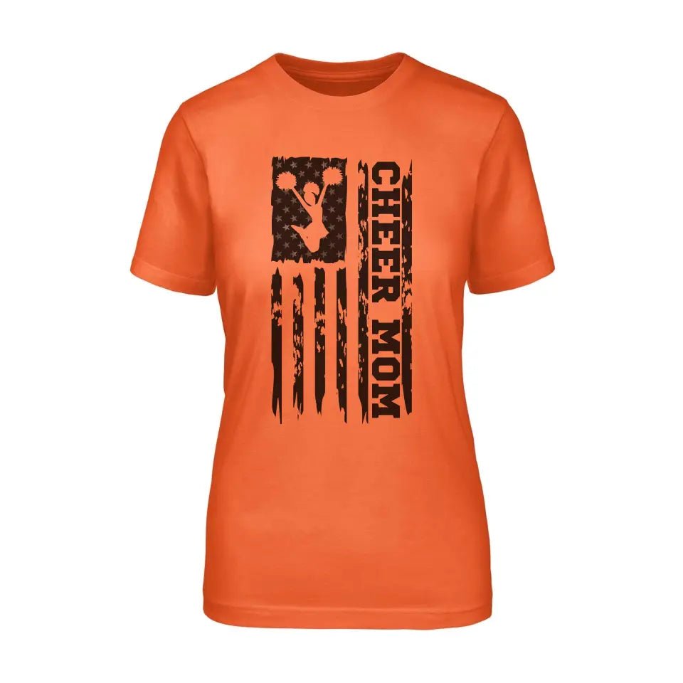 Cheer Mom Vertical Flag on a Unisex T-Shirt with a Black Graphic